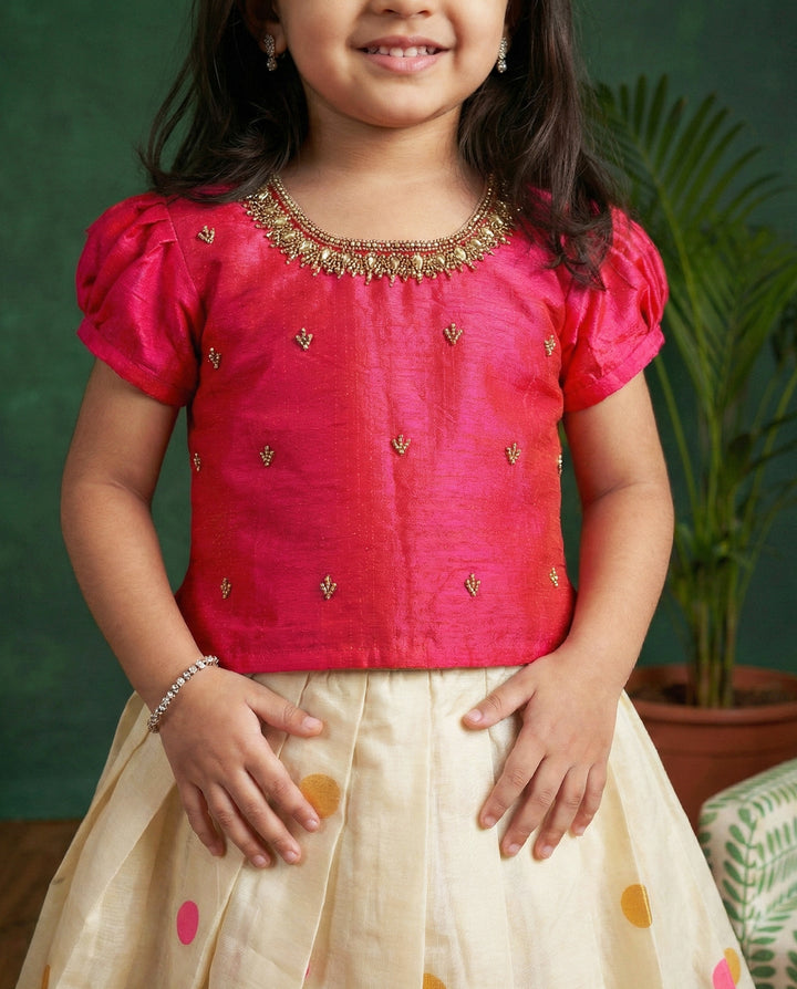 Cream pink kasavu lehenga choli front view – Stanwells Kids