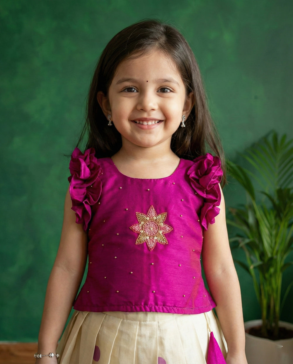 Cream magenta Kerala kasavu applique lehenga choli baby girl birthday dress Onam outfit traditional festive kids lehenga