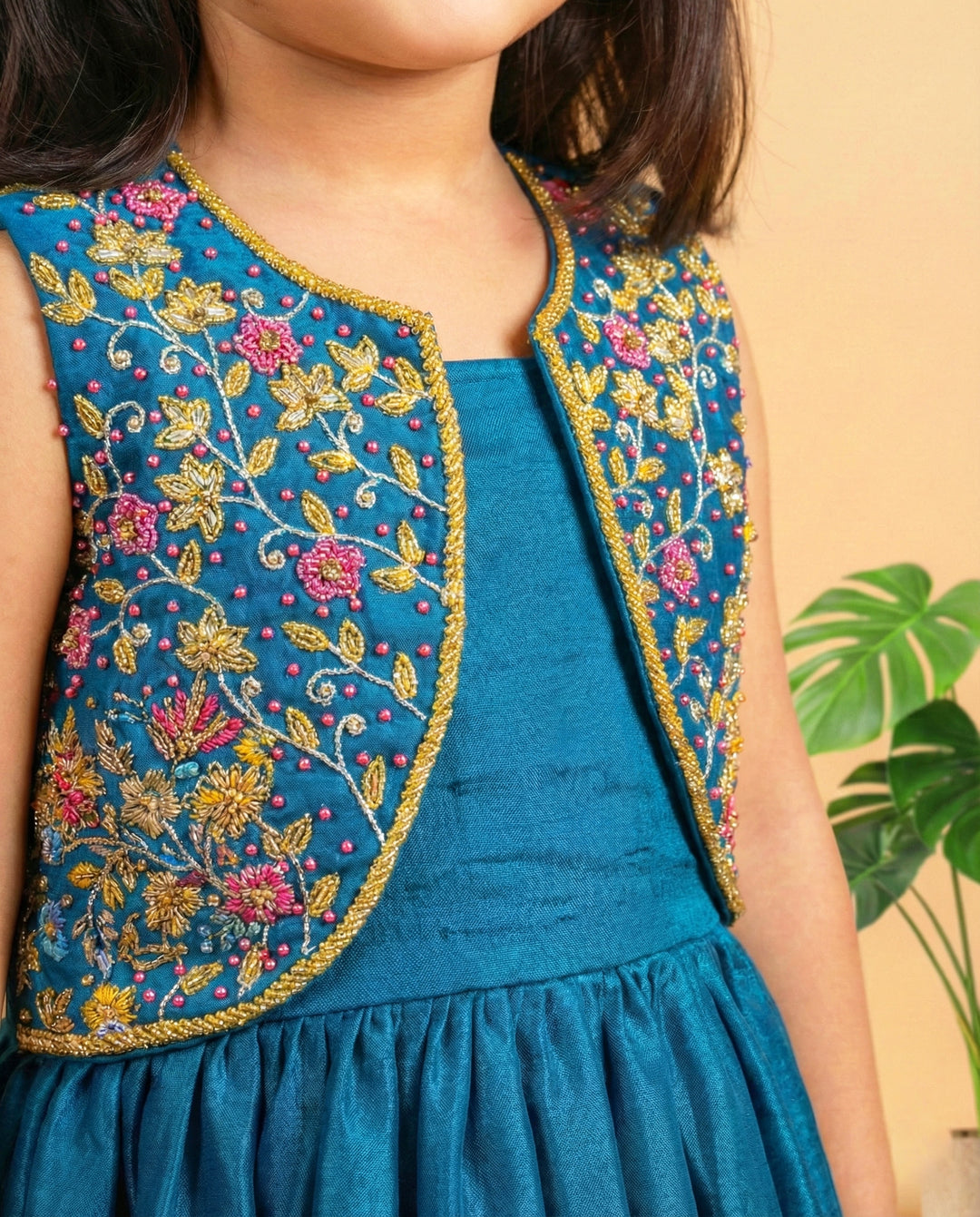 Teal blue ethnic gown for baby girls, handwork jacket partywear, premium birthday dress, Stanwells Kids
