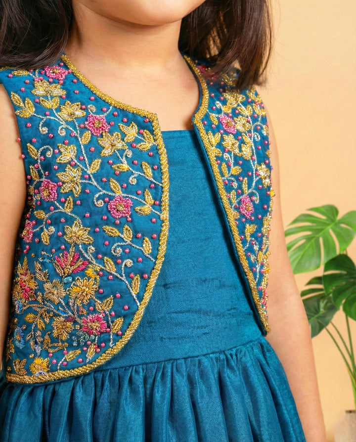 Teal blue ethnic gown for baby girls, handwork jacket partywear, premium birthday dress, Stanwells Kids