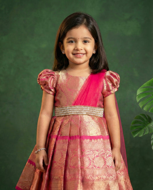 Pink Jacquard Handwork Silk Frock – Ethnic Partywear for Little Girls-Sample
