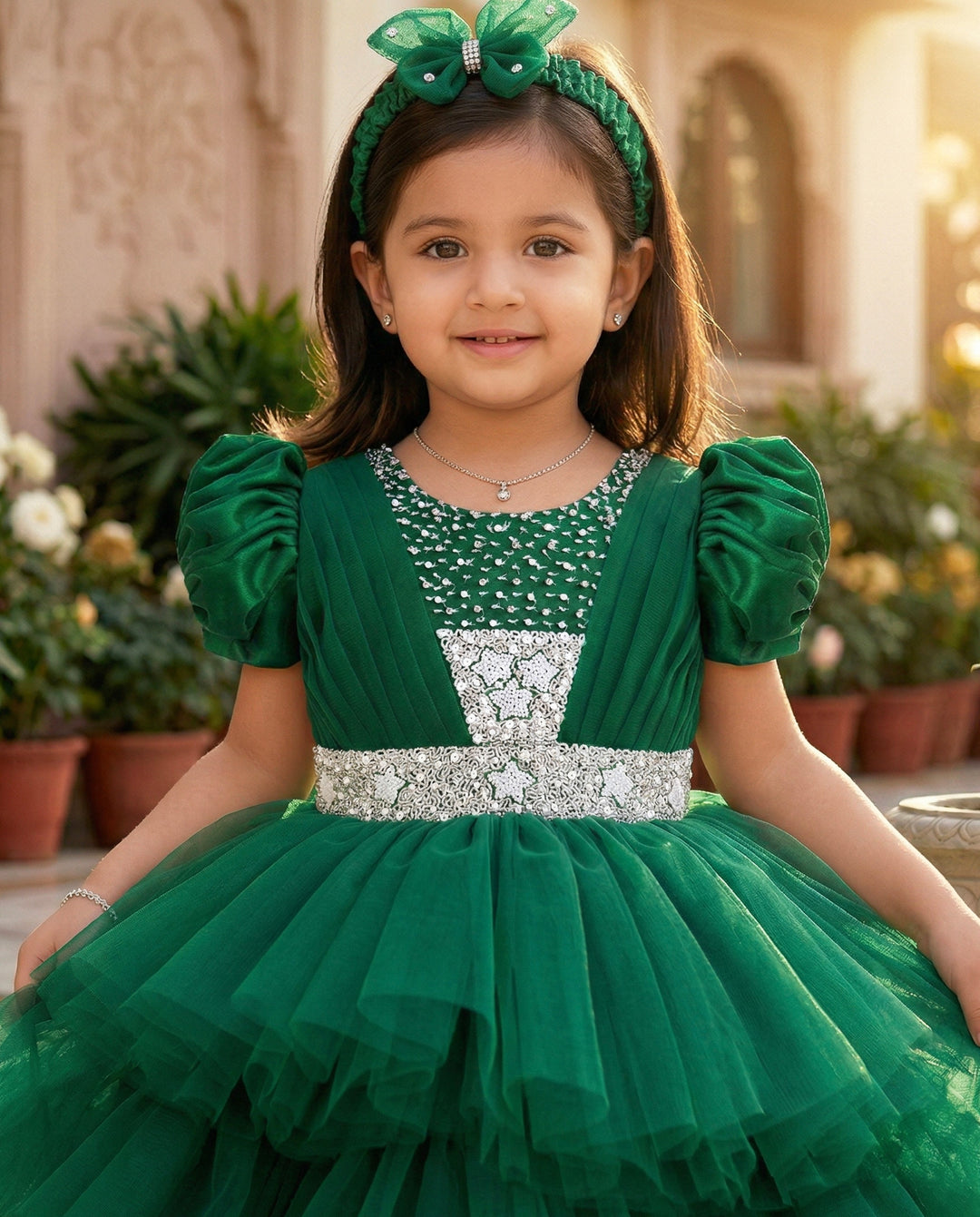 Bottle green hand embroidery birthday dress for baby girls, elegant party dress, baby girls&