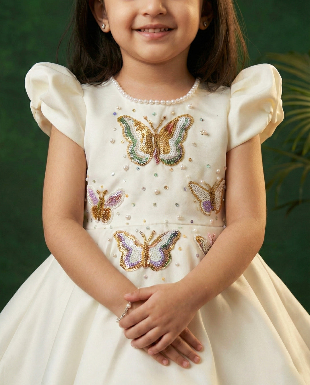 off white silky satin butterfly applique frock for baby girls, birthday dress, party wear frock, elegant kids wear