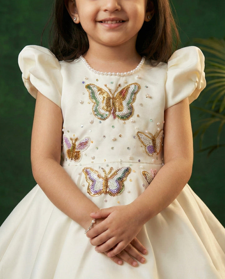 off white silky satin butterfly applique frock for baby girls, birthday dress, party wear frock, elegant kids wear