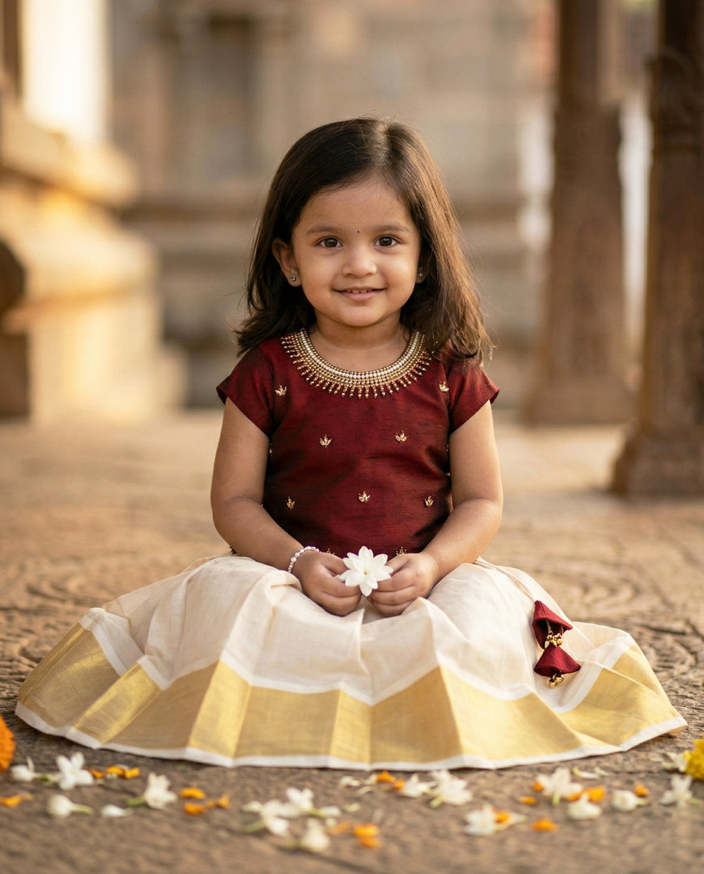 Baby girls birthday dress – golden and maroon Kerala Kasavu silk lehenga with handwork

