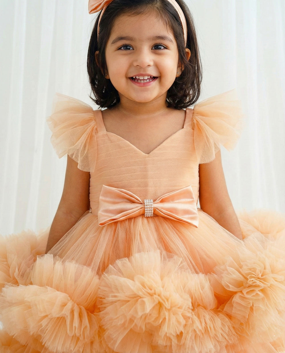 Light pumpkin shade baby girls birthday dress, heavy ruffles partywear frock, baby girl birthday outfit