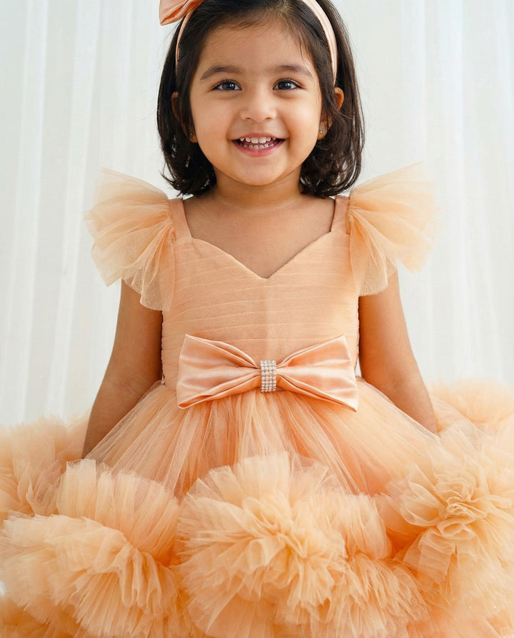 Light pumpkin shade baby girls birthday dress, heavy ruffles partywear frock, baby girl birthday outfit