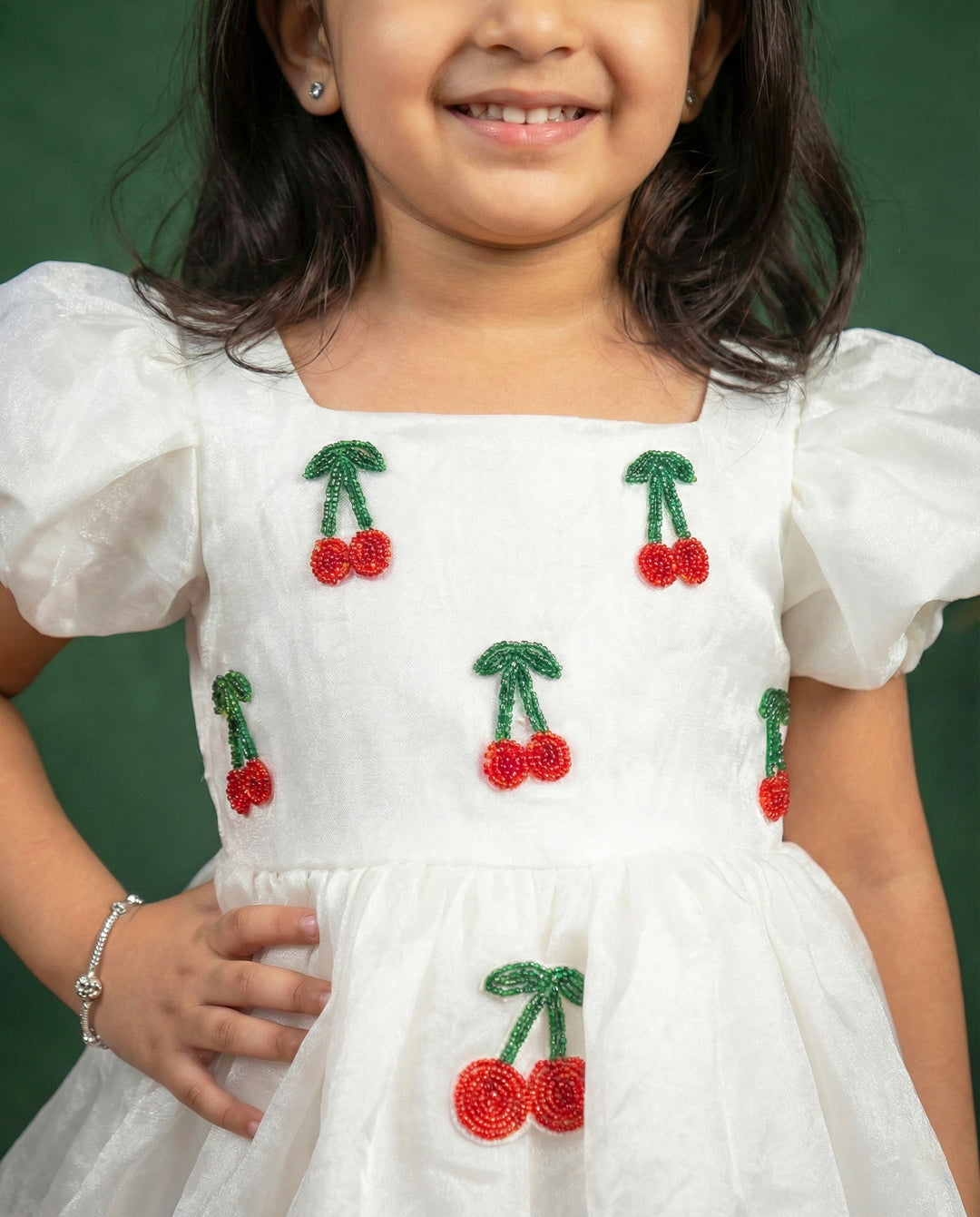 White organza cherry embroidered baby girls birthday dress, elegant partywear frock for kids, premium designer dress, Stanwells Kids