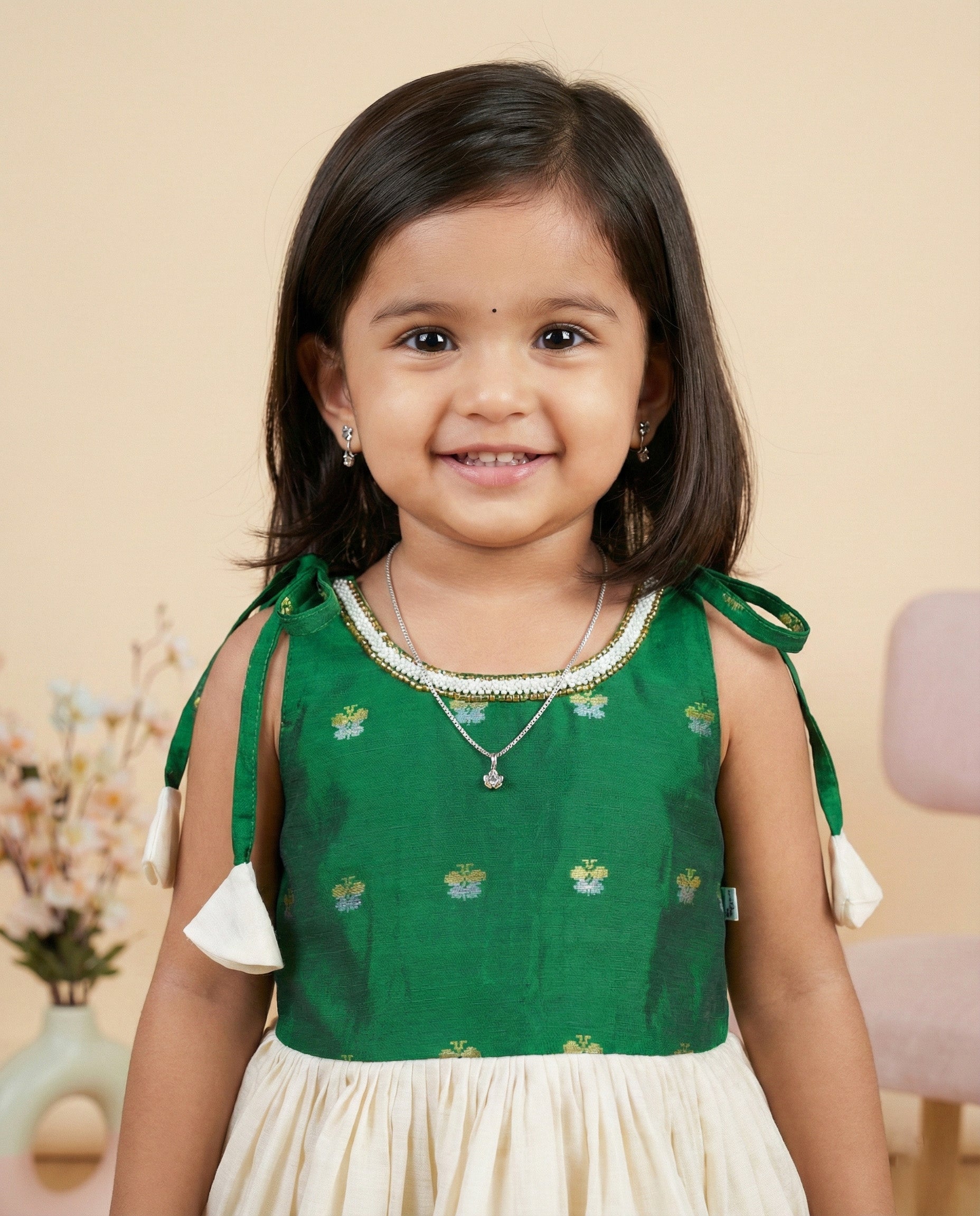 Cream & Green shade special Kerala Kasavu Handloom Frock