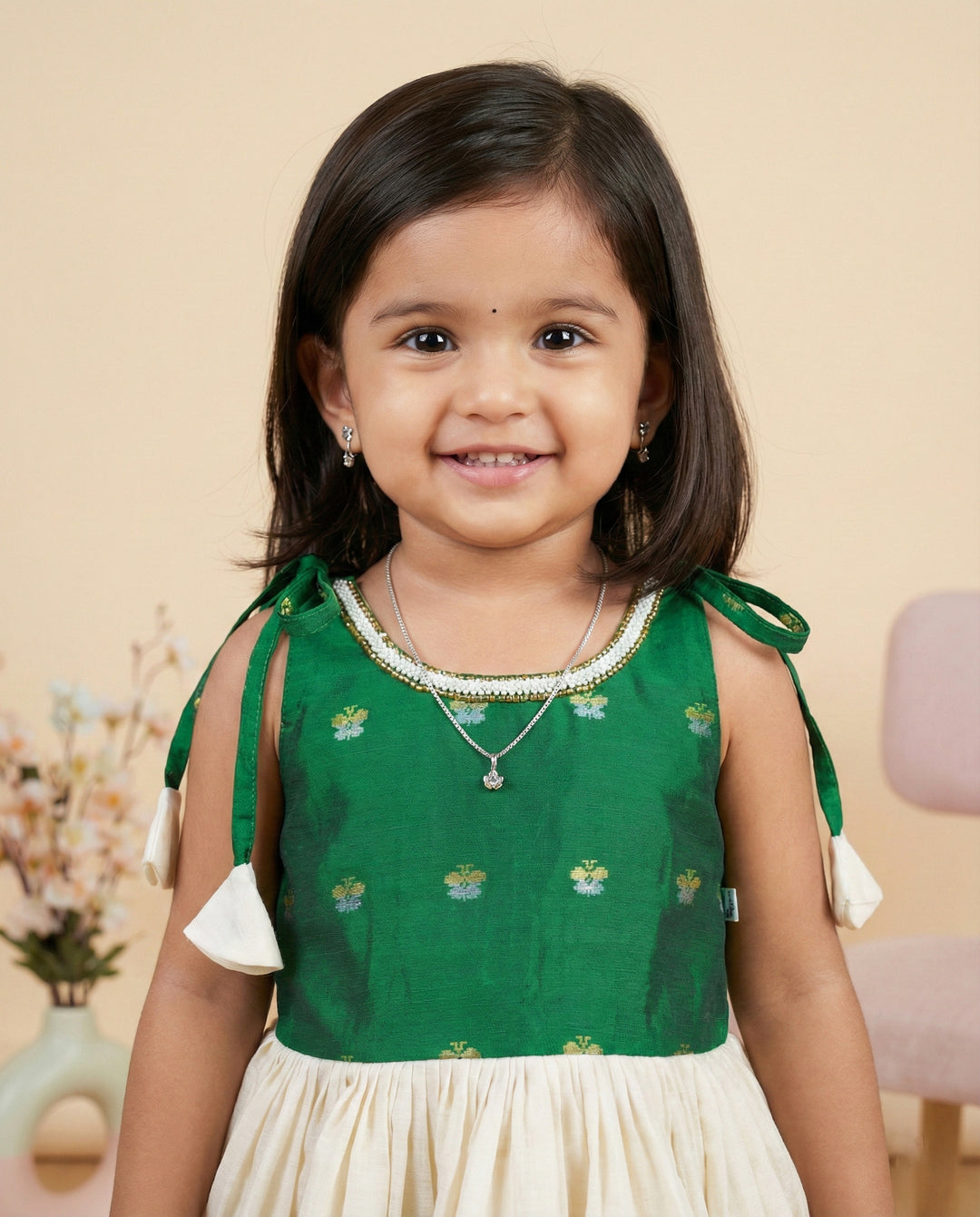 Cream green kasavu frock side view – Stanwells Kids