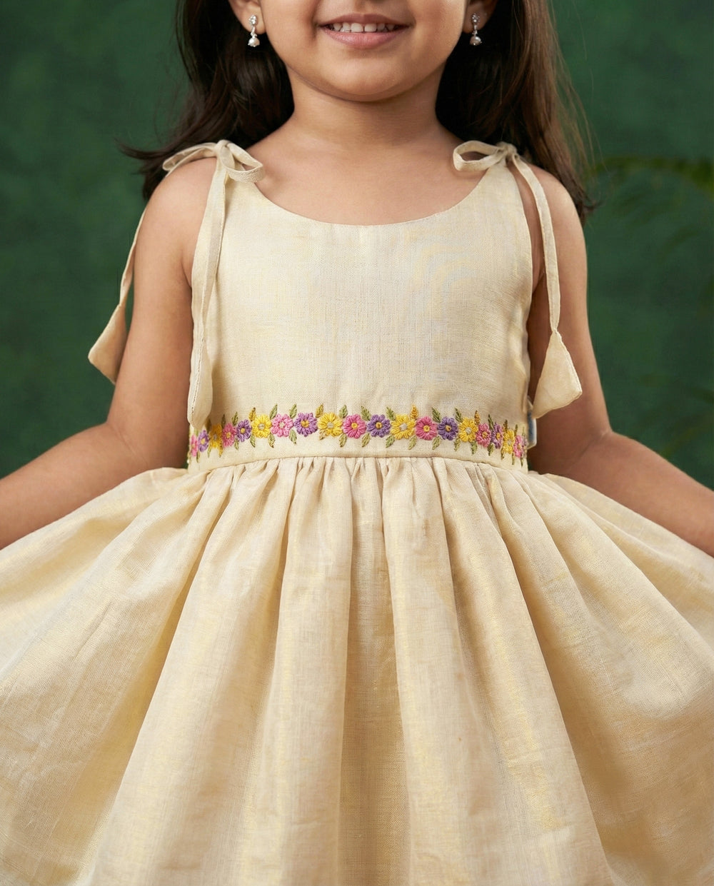 baby girl birthday dress, Kerala handloom frock, embroidered frock for baby girl, golden birthday dress, special occasion dress