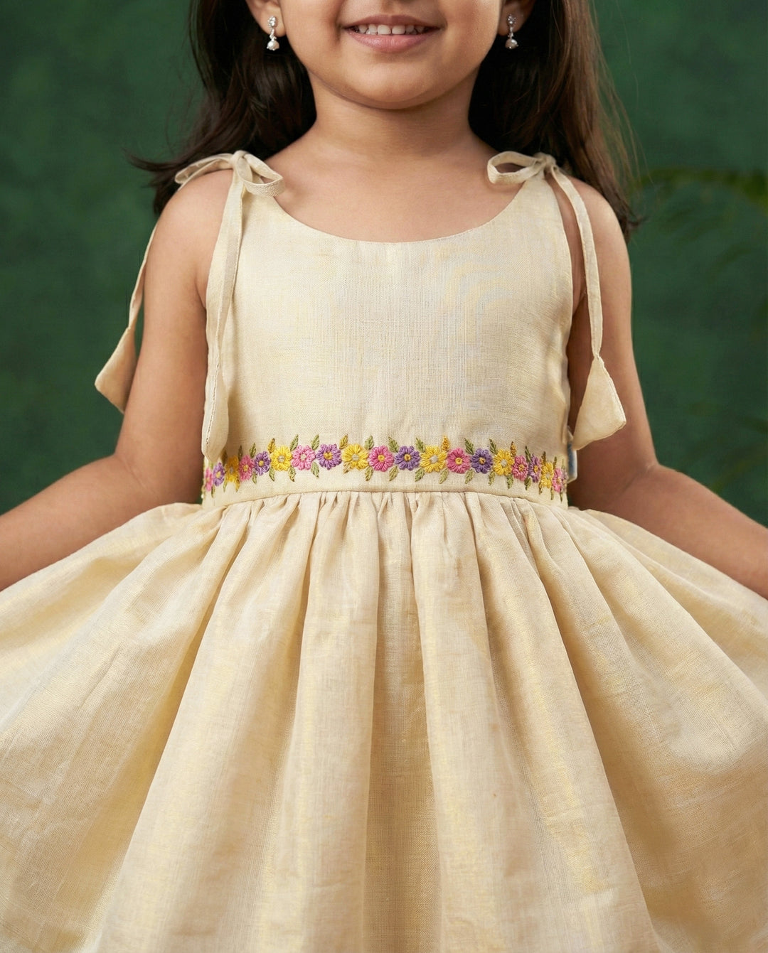baby girl birthday dress, Kerala handloom frock, embroidered frock for baby girl, golden birthday dress, special occasion dress
