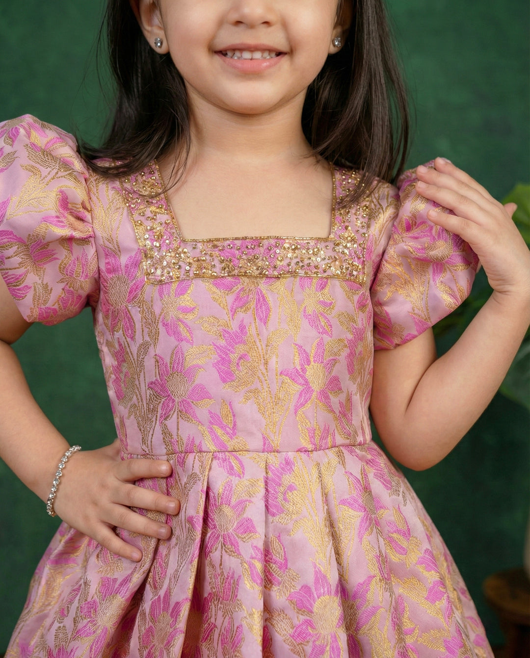 Pink shade designer brocade floral handwork baby girls birthday dress, premium partywear frock for kids, Stanwells Kids