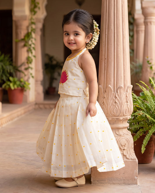 Onam special cream silk lotus hand embroidery lehenga for baby girl – front view, Stanwells Kids