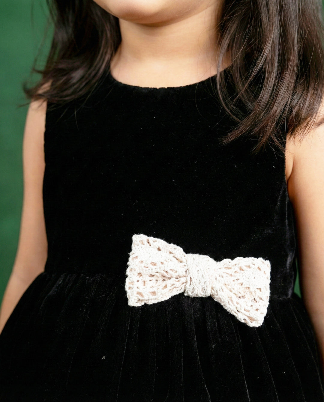 Black Shade Crochet Velvet Knee Length Bow Frock
