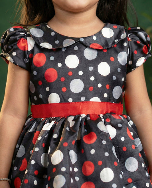 Black red satin peter pan collar party frock front view – Stanwells Kids