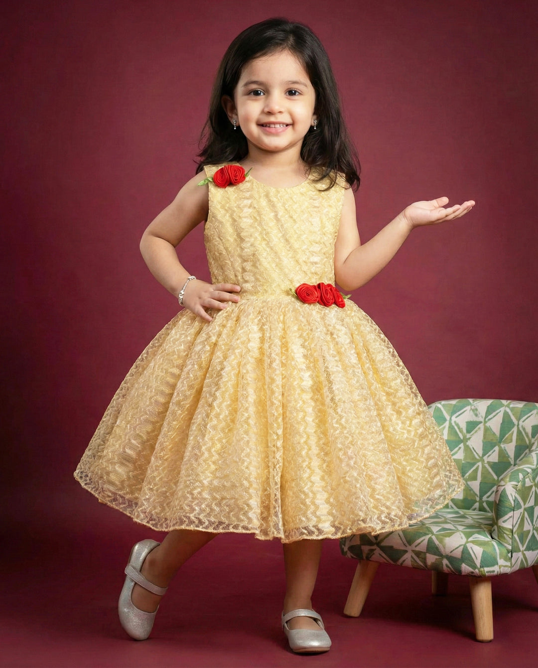golden designer flower frock for baby girls, kids birthday dress, baby girl partywear dress, golden kids frock online, premium festive dress for toddlers