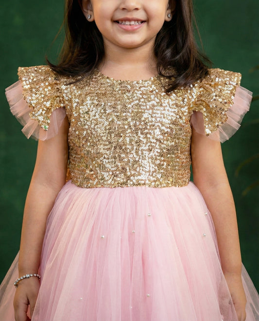 Baby pink golden sequins yoke birthday frock front view – Stanwells Kids