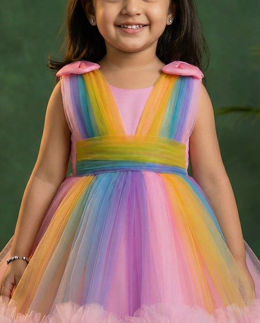 Rainbow theme baby girl birthday dress, multi-colour party frock, heavy ruffles kids birthday outfit