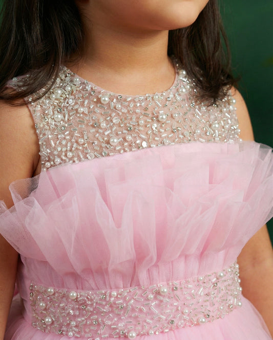 Baby pink premium beadwork yoke birthday frock front view – Stanwells Kids