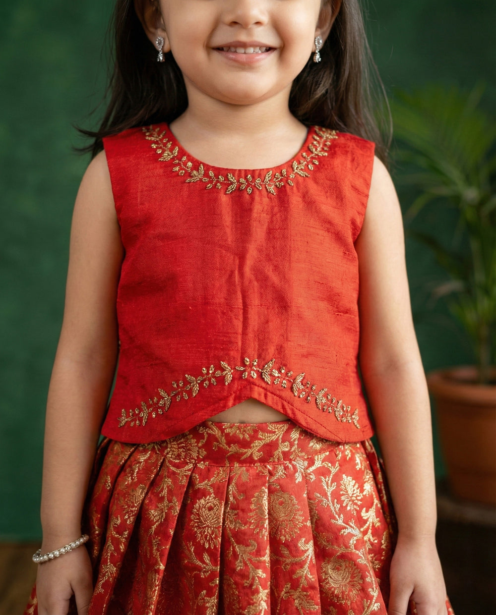 Baby girls red Banarasi jacquard handwork lehenga choli birthday dress