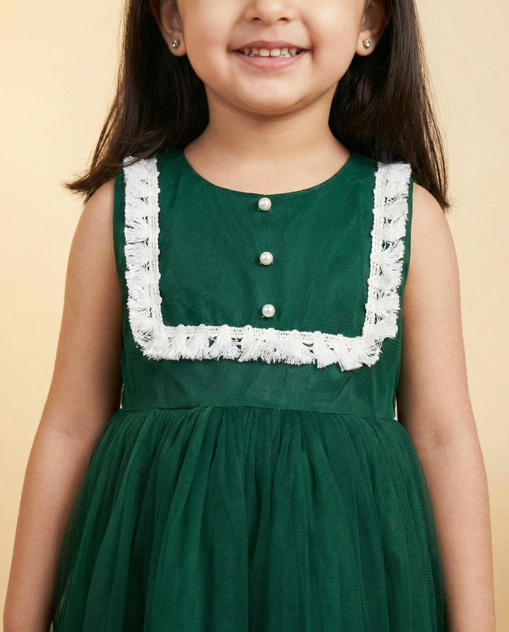 Bottle green lace frock back view – girls birthday party outfit Stanwells Kids