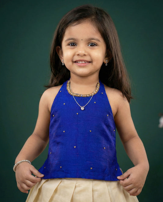 Cream royal blue kasavu lehenga choli front view – Stanwells Kids