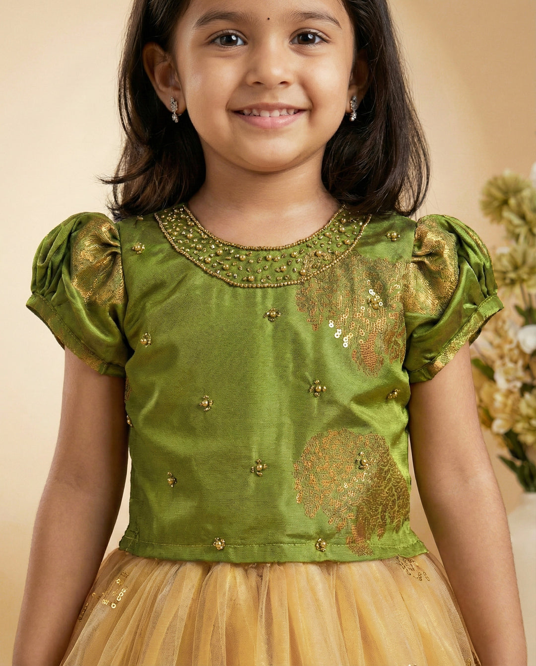 open lace back dress Olive Green Silk & Gold Lehenga Choli