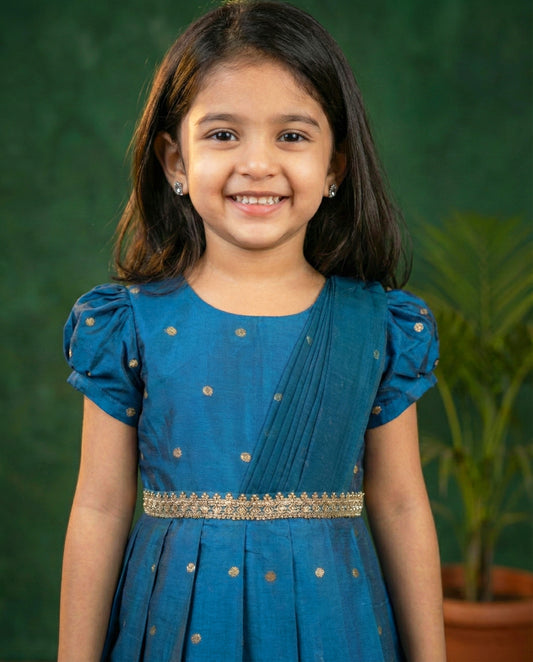 Teal blue silk butti frock side view baby girl Kerala festive dress – Stanwells Kids