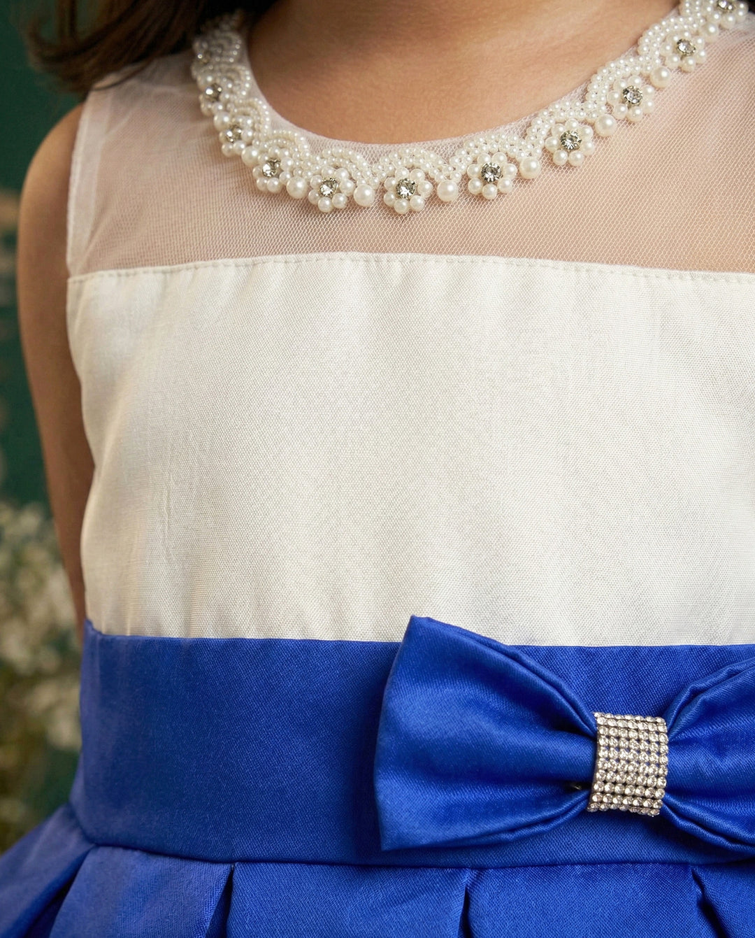 Royalblue &amp; White Combo Baby-Girls Box Pleated Tafetta Silk Handwork F