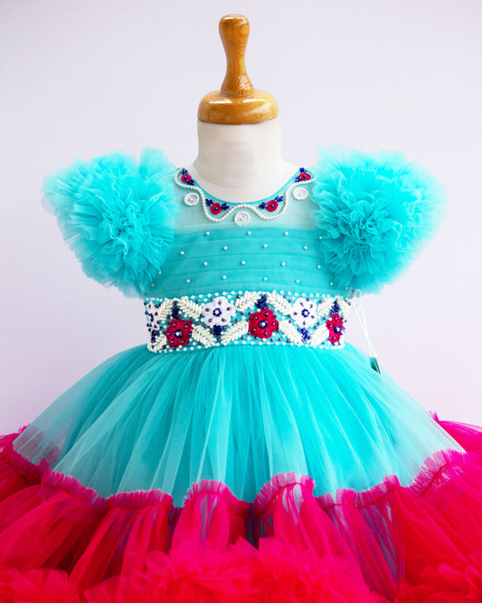 Sky Blue & Rani Pink Combo Heavy Handwork Ruffles Partywear Frock -Sample