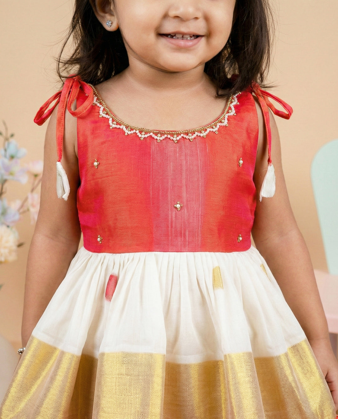 Cream peach kasavu kettuduppu frock side view – Stanwells Kids