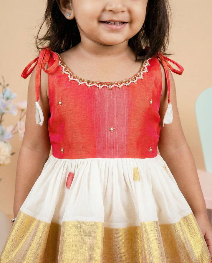 Cream peach kasavu kettuduppu frock side view – Stanwells Kids