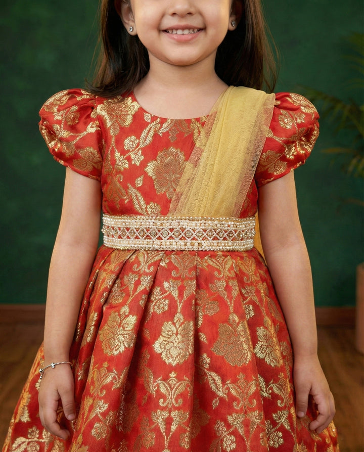 Red Banarasi Jacquard Handwork Silk Saree Frock for Baby Girl – Stanwells Kids