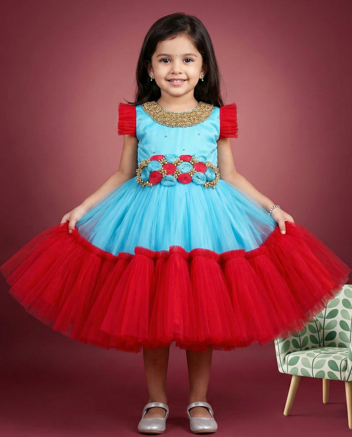 Sky blue and rani pink handwork flower birthday dress for baby girls party wear