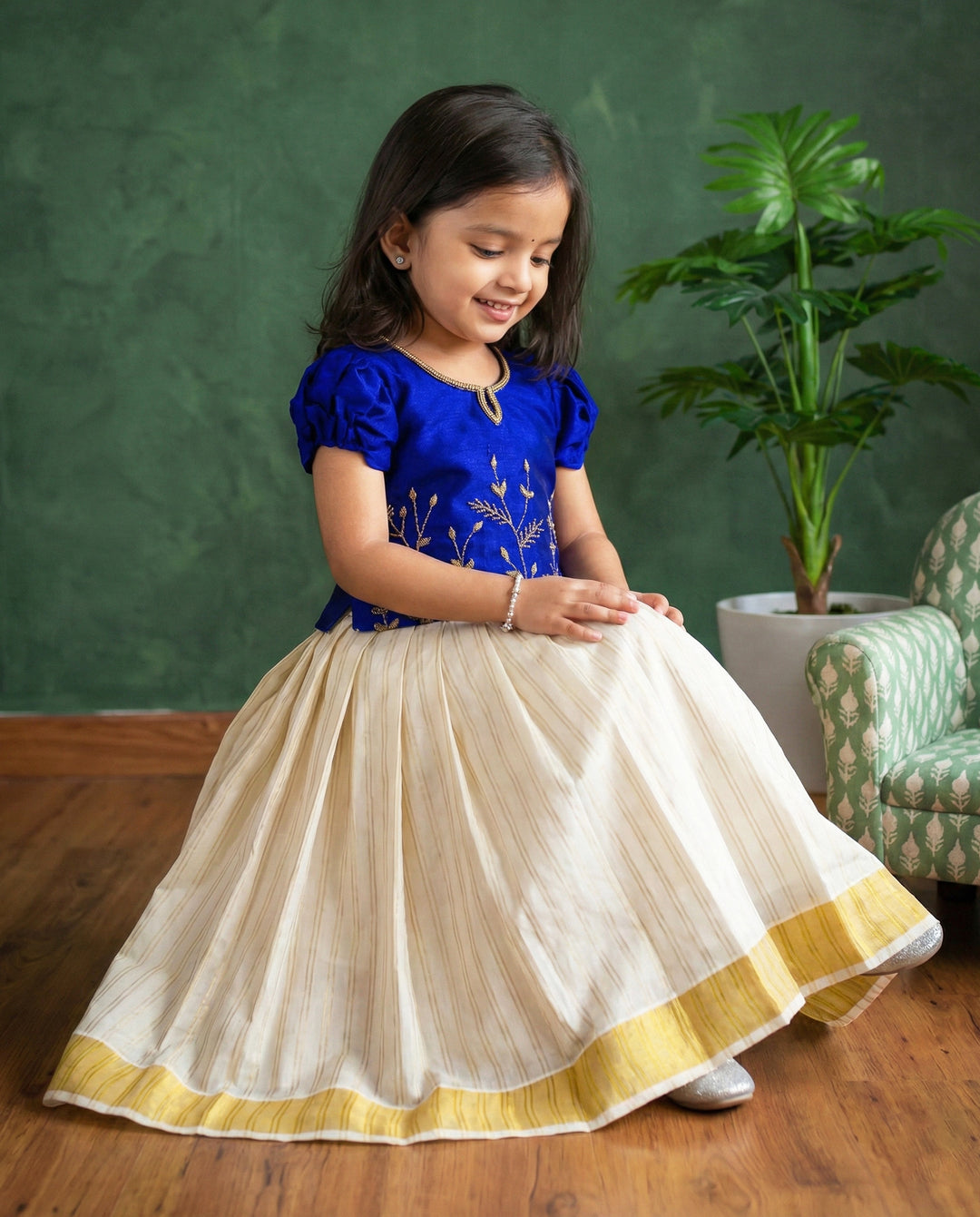 Cream royal blue kasavu lehenga choli front view – Stanwells Kids