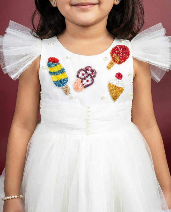 Off white candy theme frock for baby girls, premium birthday dress, partywear dress, Stanwells Kids