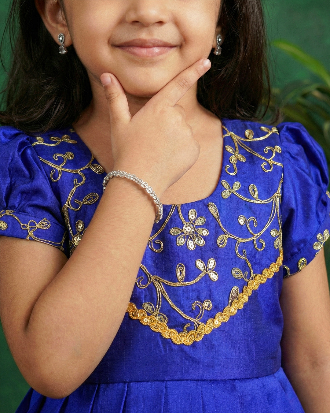 Rama green royal blue South Indian lehenga choli set for baby girls, birthday dress, ethnic wear for kids, sequins embroidery lehenga, Stanwells Kids collection