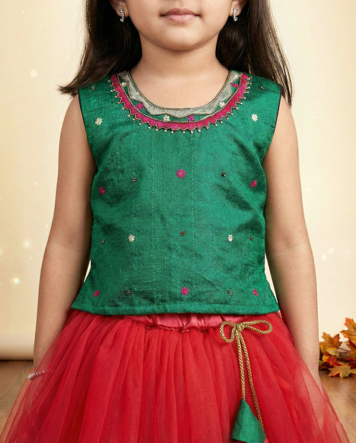 Rama green and Rany pink ethnic skirt and top, handwork birthday dress for baby girls