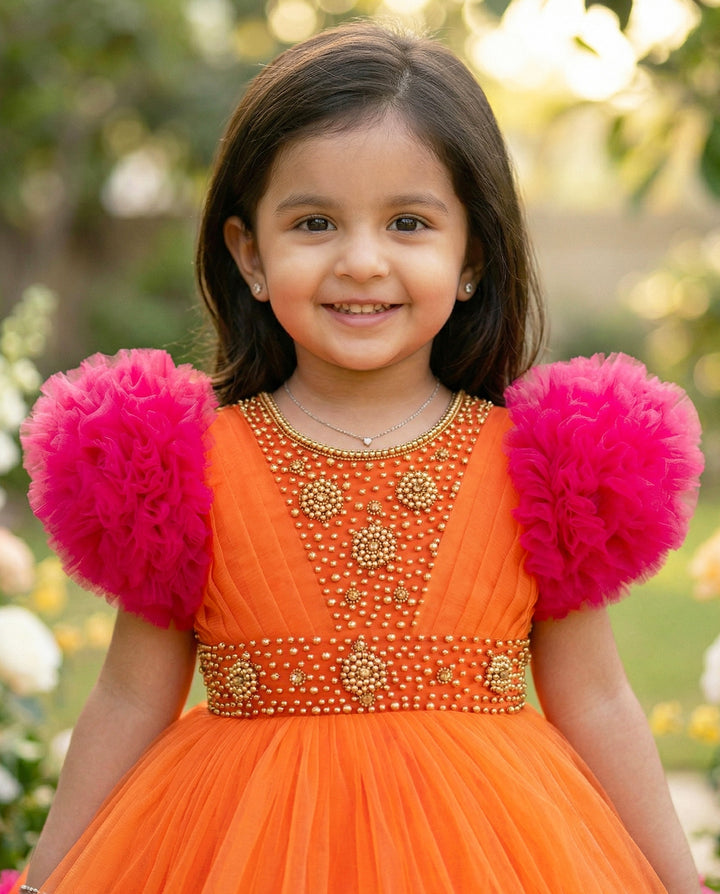 Orange &amp; Rany Pink Combo Heavy Handwork Partywear Flared Ruffles Full 