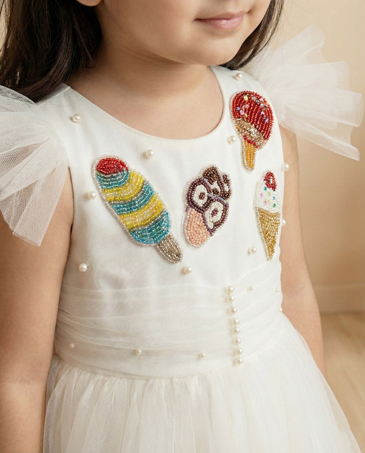 Off white candy theme frock for baby girls, premium birthday dress, partywear dress, Stanwells Kids