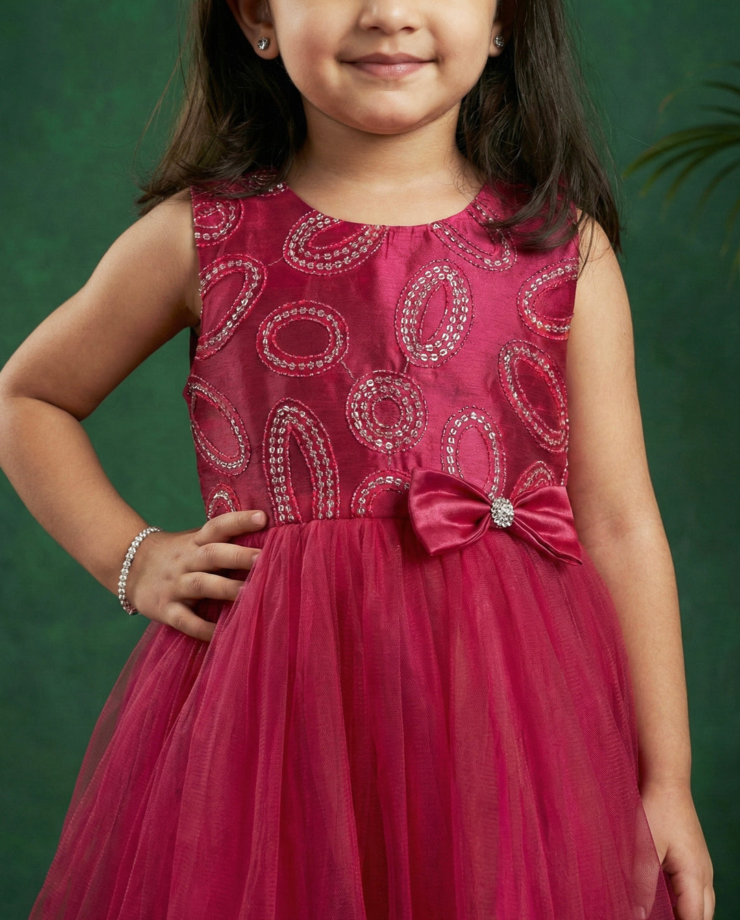Dark magenta bow frock back view – sequins embroidery kids party dress India