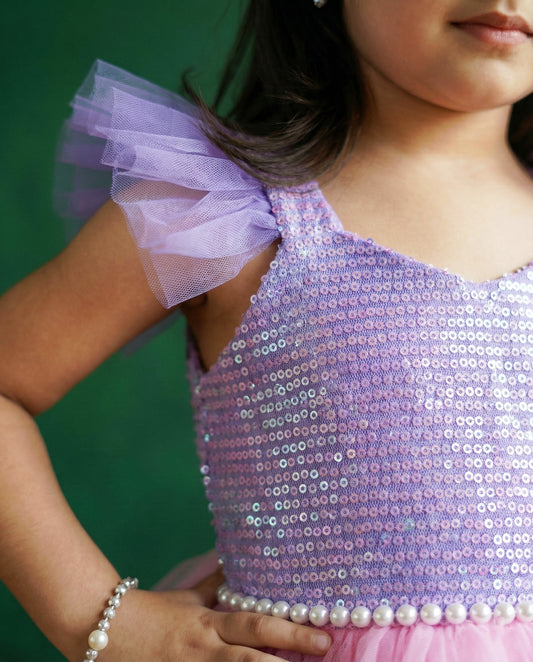 Baby pink lavender sequin yoke birthday frock front view – Stanwells Kids