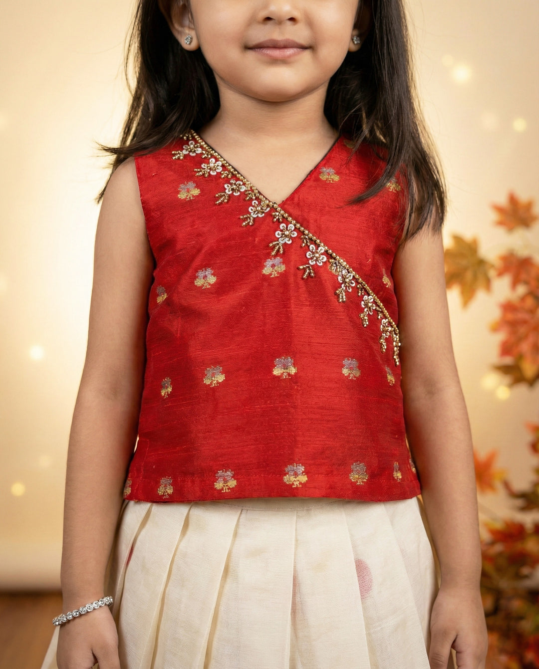 Cream maroon polka dot lehenga choli side view – Stanwells Kids