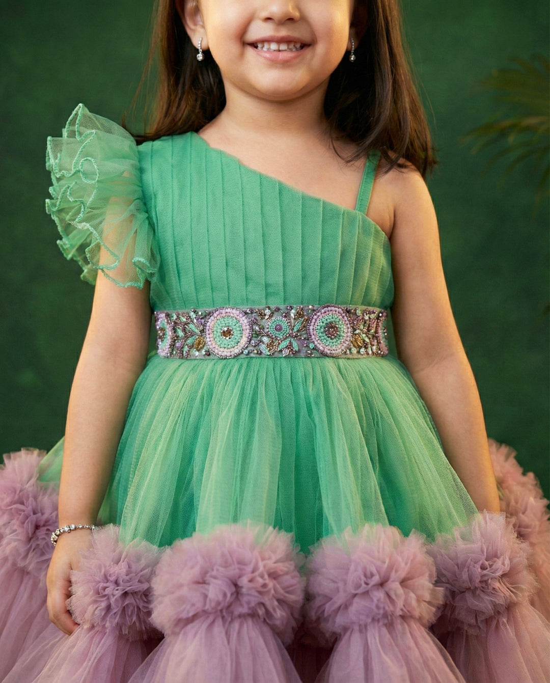 Spring green pastel pink baby girl birthday dress, handwork ruffles frock, pleated party wear dress for kids