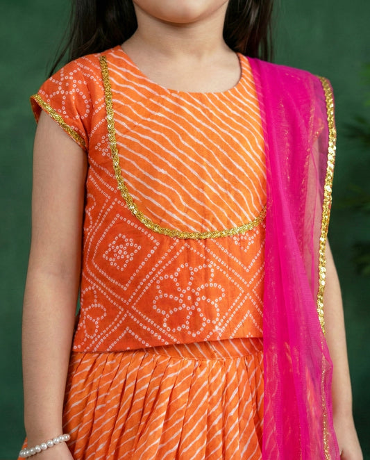 Orange bandhej lehenga choli front view – Stanwells Kids