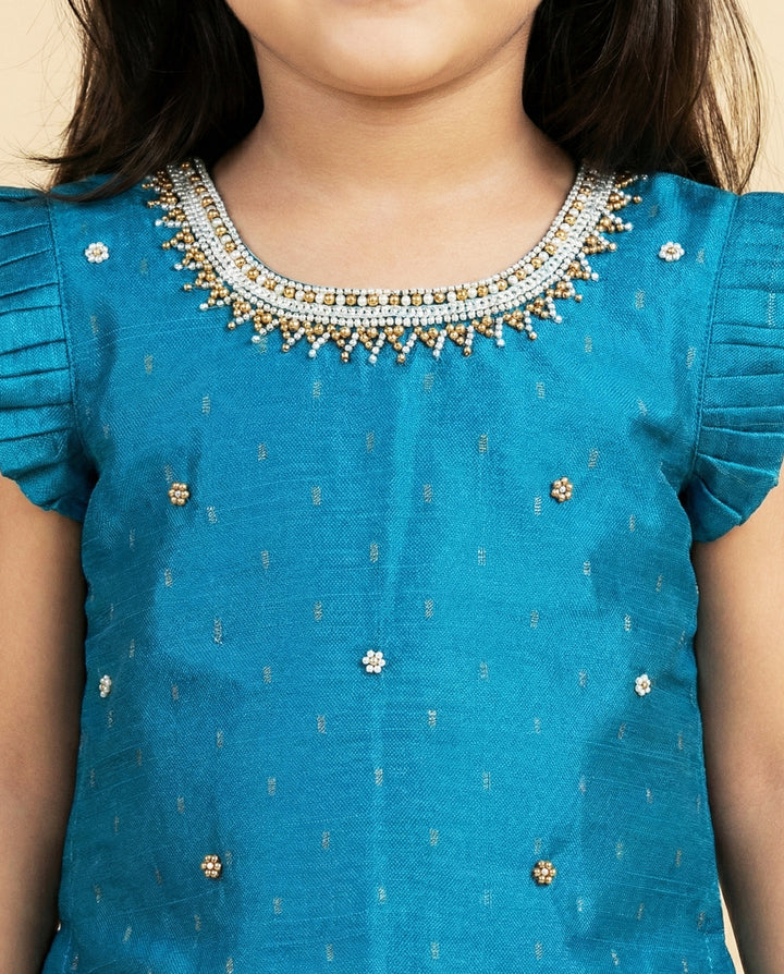 Baby girl birthday dress sky blue silk with copper gold detailing