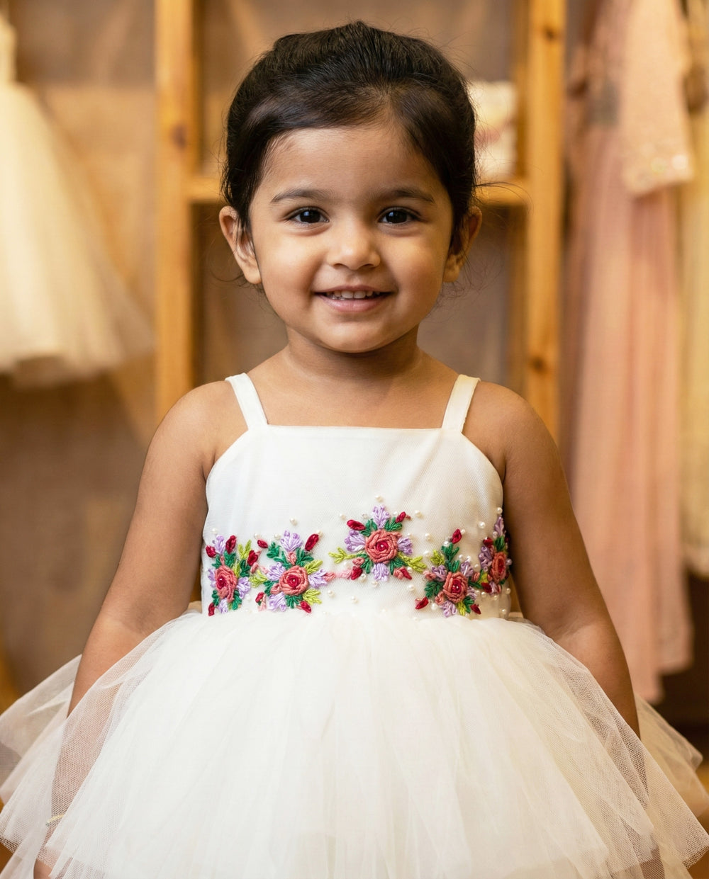 off white birthday dress for baby girls, hand embroidered frock, elegant partywear baby dress, baby girls off white frock, stanwells kids birthday collection
