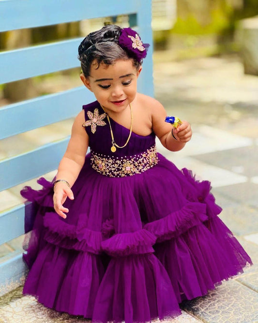 Purple pleated ruffled birthday frock for baby girl – Stanwells Kids