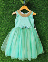 Pastel Green Beaded Neck Knee Length Frock for Baby Girl – Stanwells Kids